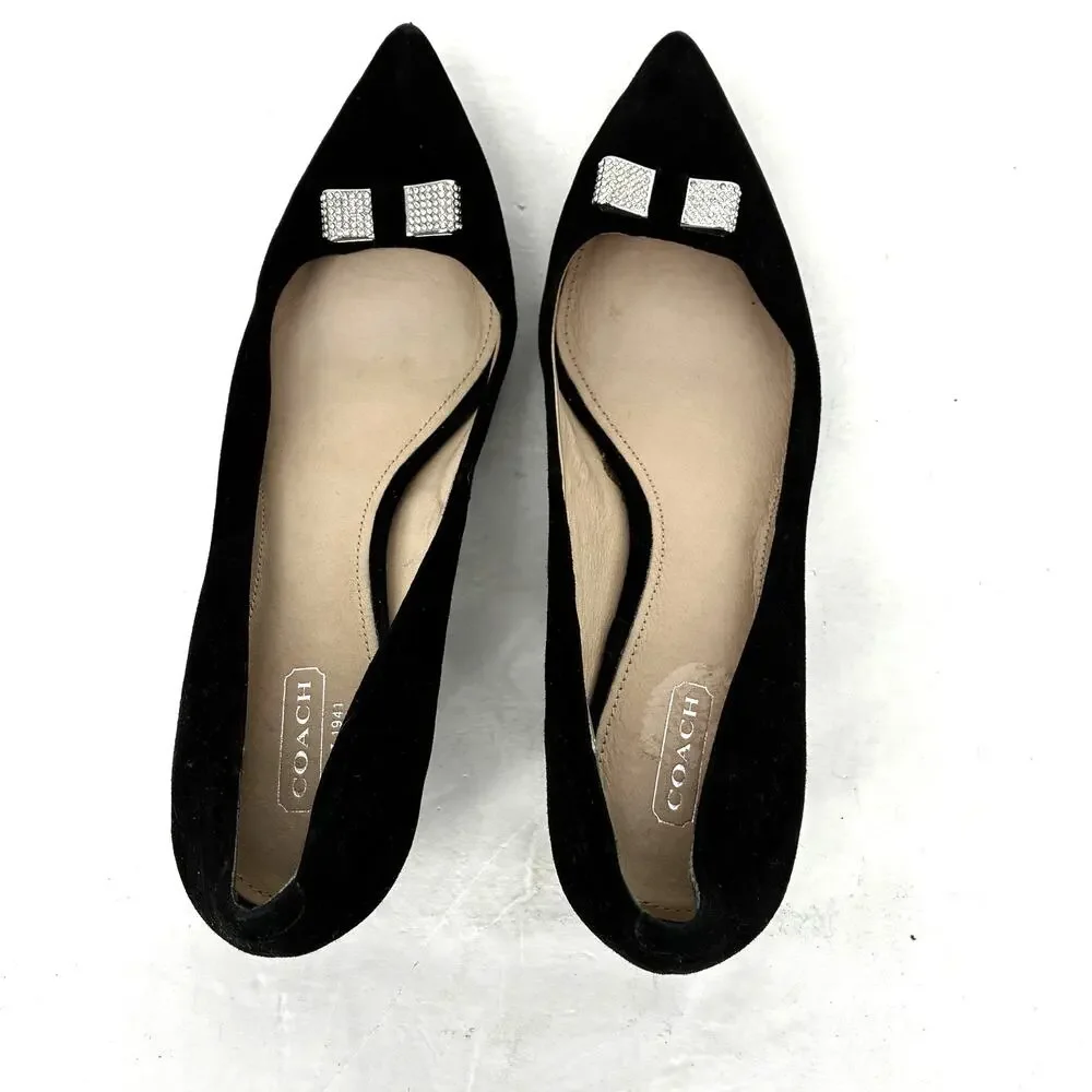 Coach Monroe Black Suede Kitten Heels Crystal Bow Pumps Women's Size 9